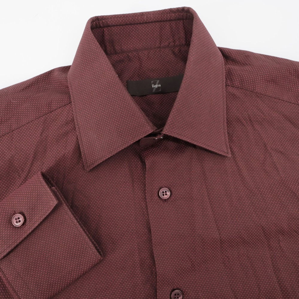 Z Zegna Textured Diamond Dress Shirt Burgundy Long Sleeve Mens 15 Medium‎